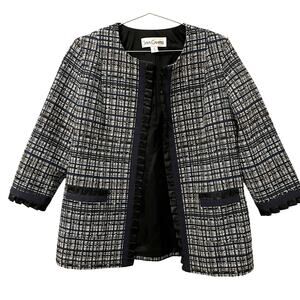Sara Campbell Women’s Navy Tweed w fuax leather Ruffle Trim Blazer 10